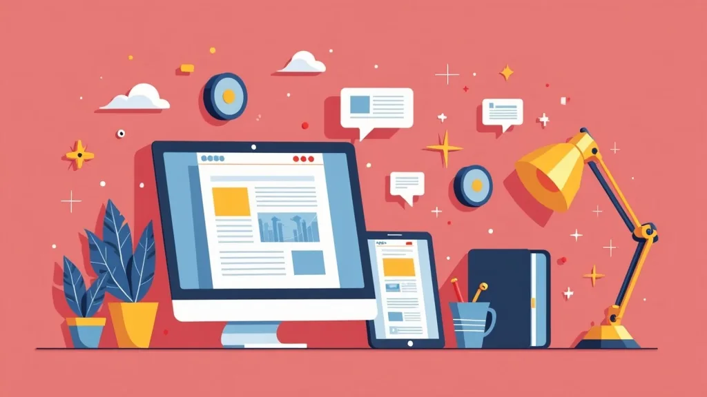 Ilustracija alata za izrada veb sajta - računar, mobilni telefon, lampa i beleške na ružičastoj pozadini